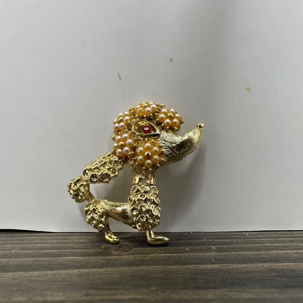 Vintage French Poodle Brooch Pin Gold Tone Faux Pearls‎ Red Rhinestone Dog